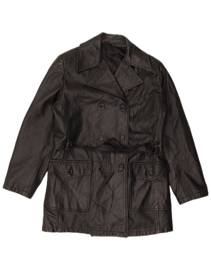 VINTAGE Womens Double Breasted Leather Coat IT 44 Medium Black Leather