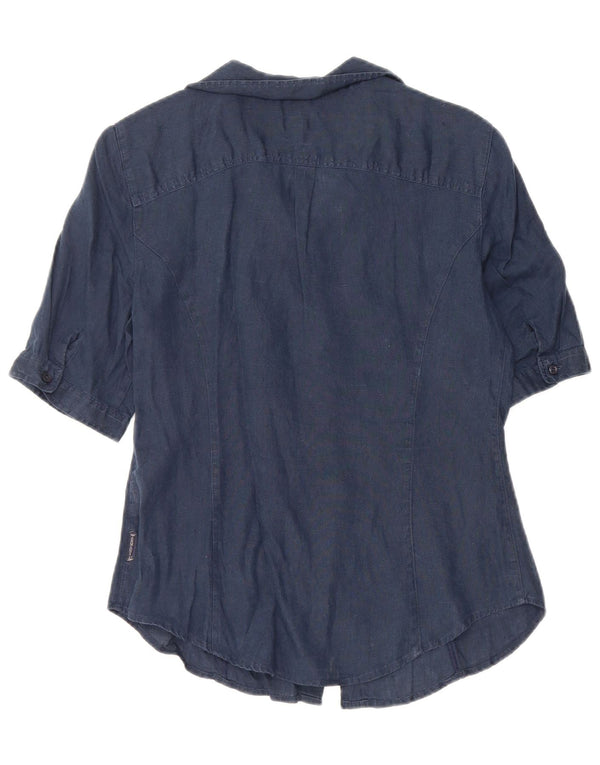 ARMANI JEANS Womens Short Sleeve Shirt Blouse UK 12 Medium Navy Blue Linen