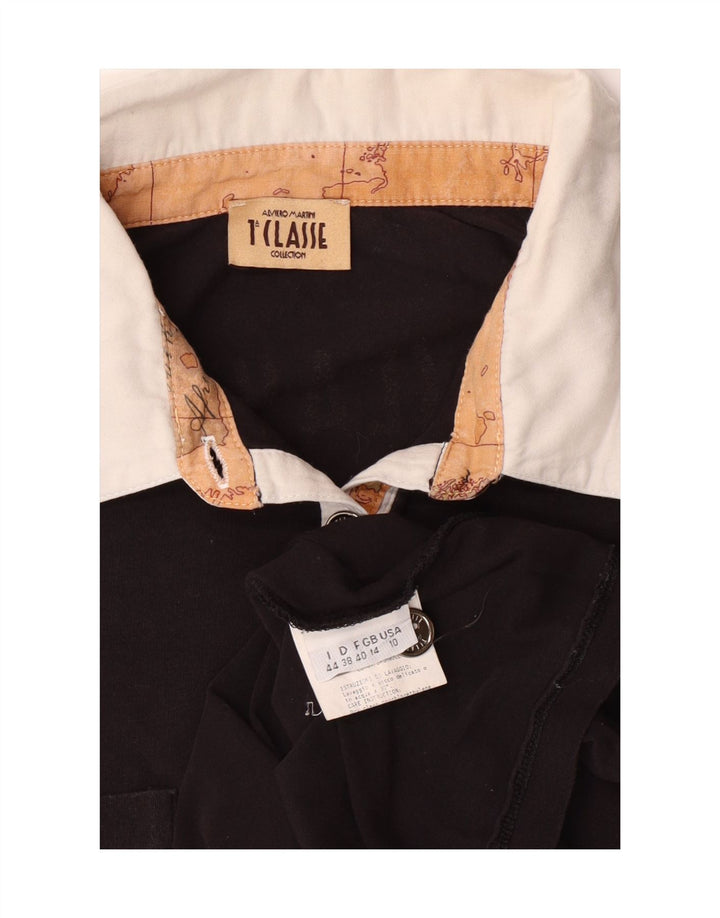 ALVIERO MARTINI Womens Graphic Rugby Polo Shirt UK 14 Medium Black Vintage ALVIERO MARTINI and Second-Hand ALVIERO MARTINI from Messina Hembry 