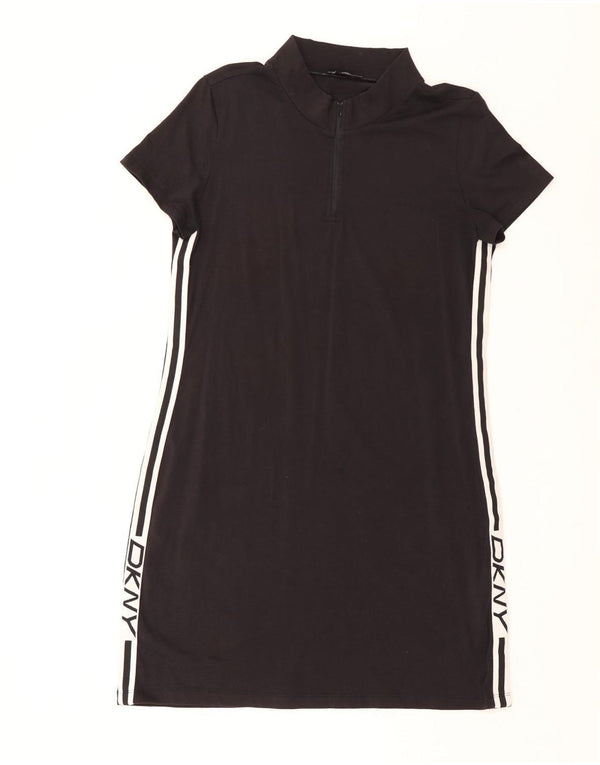 Dkny Womens Graphic Zip Neck T-Shirt Dress UK 14 Large Black Cotton