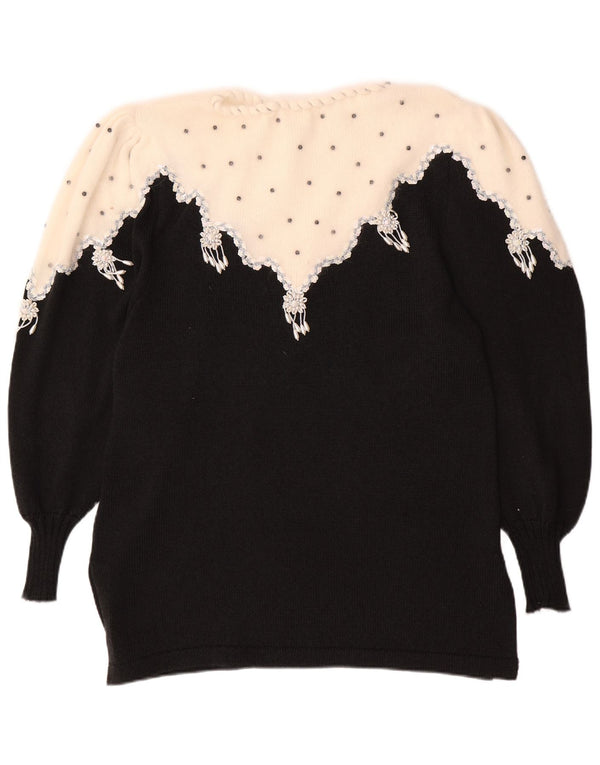 VINTAGE Womens Boat Neck Jumper Sweater UK 14 Medium Black Colourblock