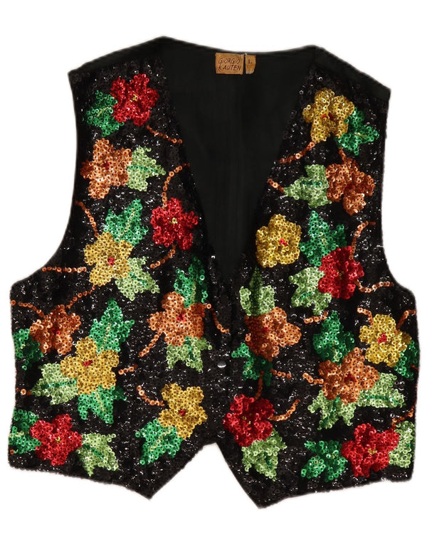 GIORGIO KAUTEN Womens Sequin Waistcoat UK 16 Large Black Floral Cotton