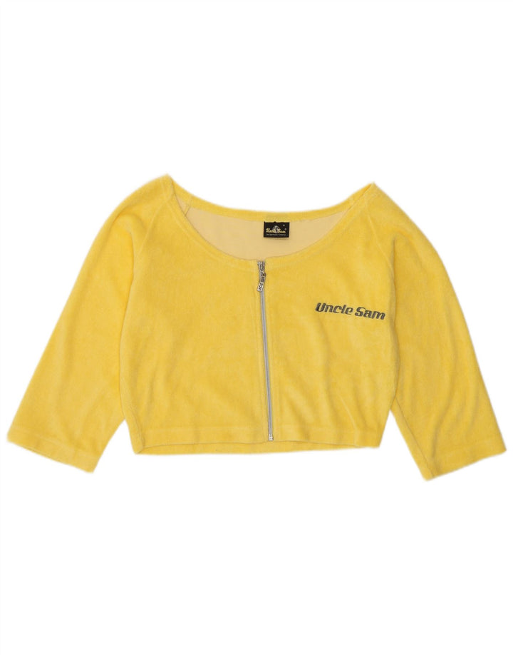 Uncle Sam Womens 3/4 Sleeve Crop Top UK 12 Medium Yellow Cotton