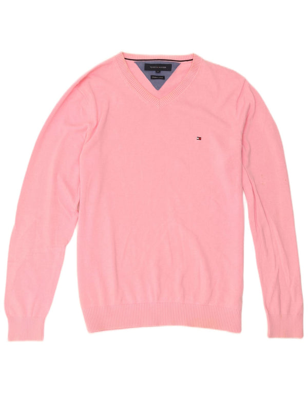 Tommy Hilfiger Mens V-Neck Jumper Sweater Medium Pink Cotton