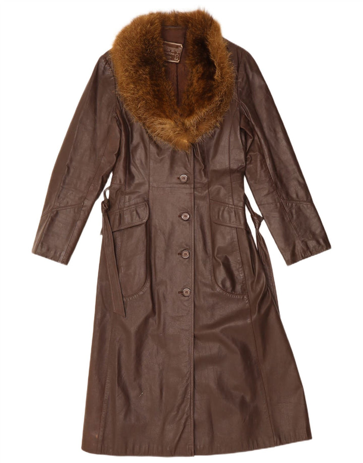VINTAGE Womens Leather Coat UK 12 Medium Brown Leather
