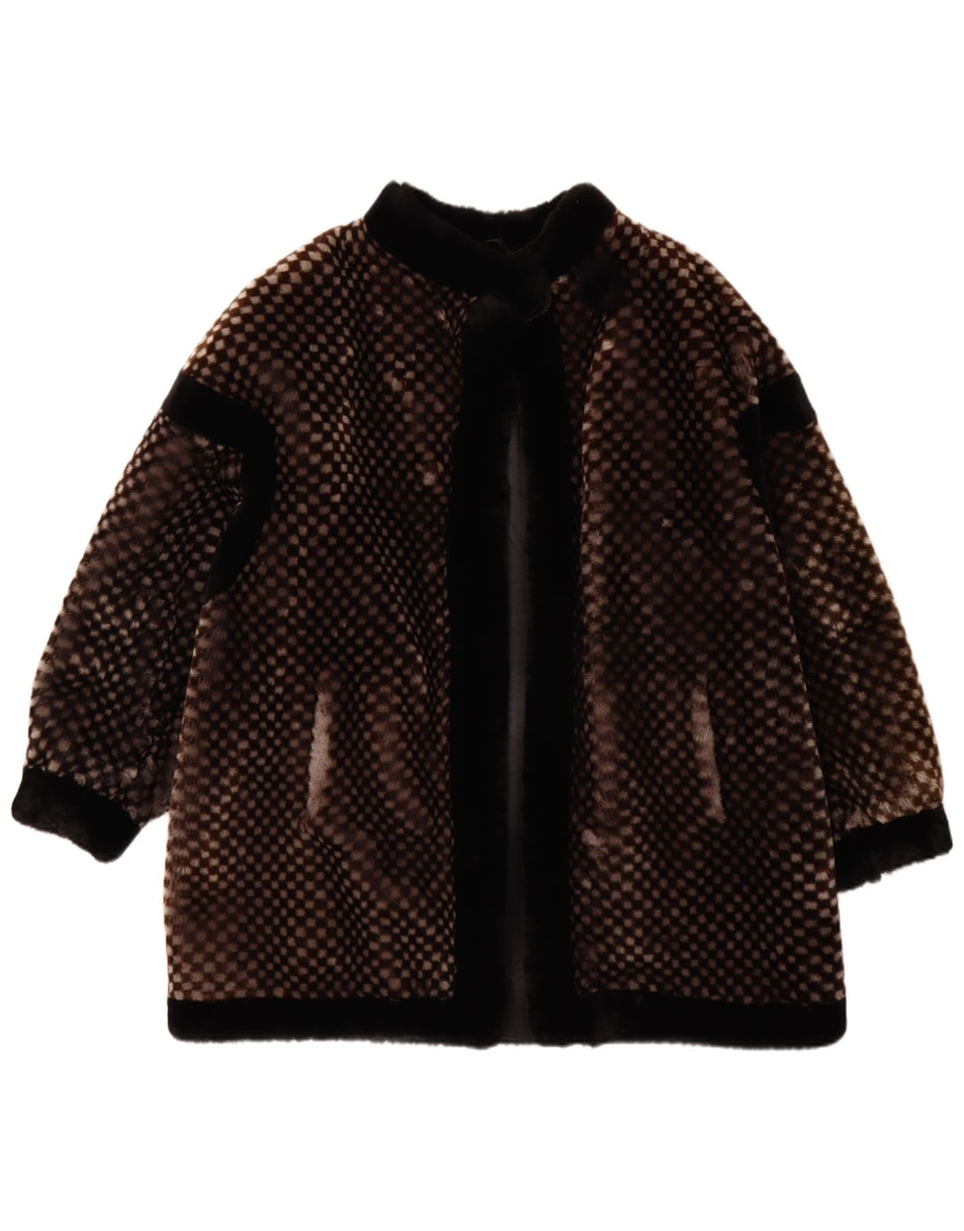 VINTAGE Womens Faux Fur Overcoat EU 40 Medium Brown Geometric