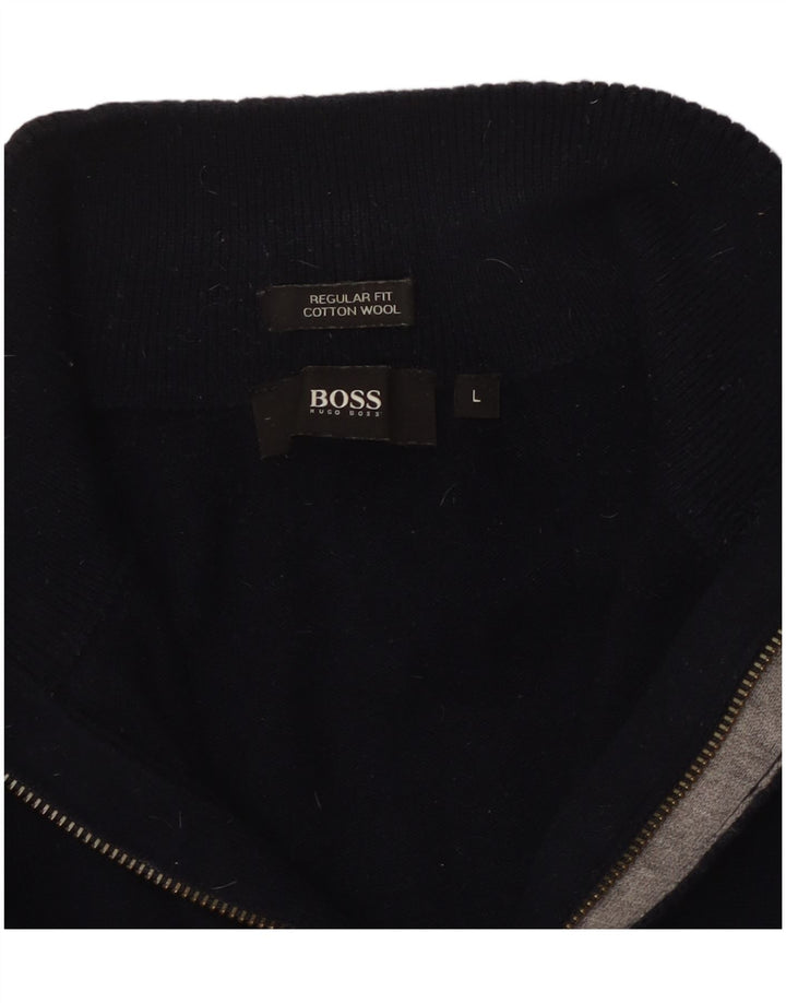 HUGO BOSS Mens Regular Fit Zip Neck Jumper Sweater Large Navy Blue Cotton