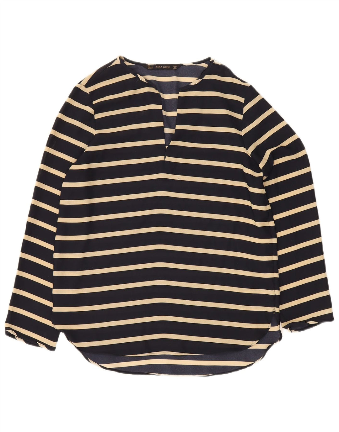 Zara Womens Long Sleeve Blouse Top UK 10 Small Navy Blue Striped
