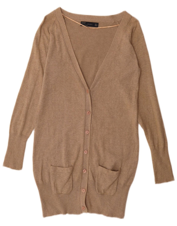 Zara Womens Longline Cardigan Sweater UK 10 Small Beige Cotton