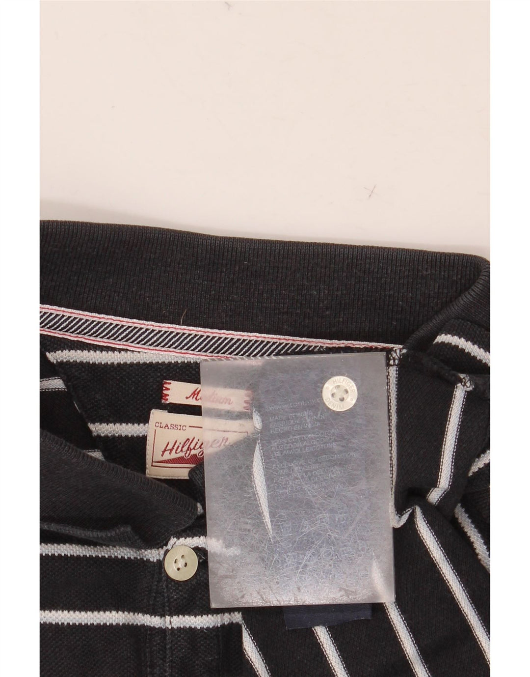 TOMMY HILFIGER Mens Polo Shirt Medium Black Striped Cotton