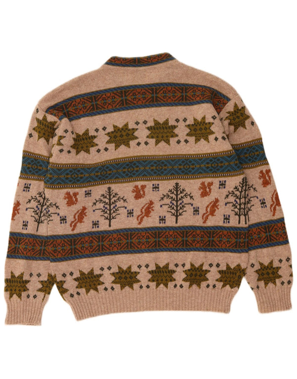 Benetton Mens Crew Neck Jumper Sweater Medium Beige Fair Isle Wool