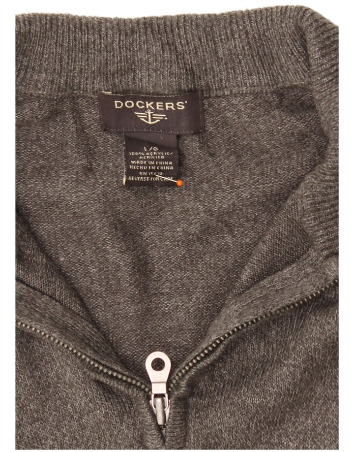 DOCKERS Mens Zip Neck Jumper Sweater Large Grey Striped Acrylic