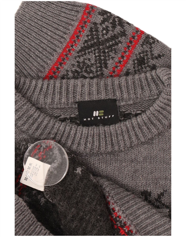 Hot Stuff Mens Crew Neck Jumper Sweater Large Grey Fair Isle Wool