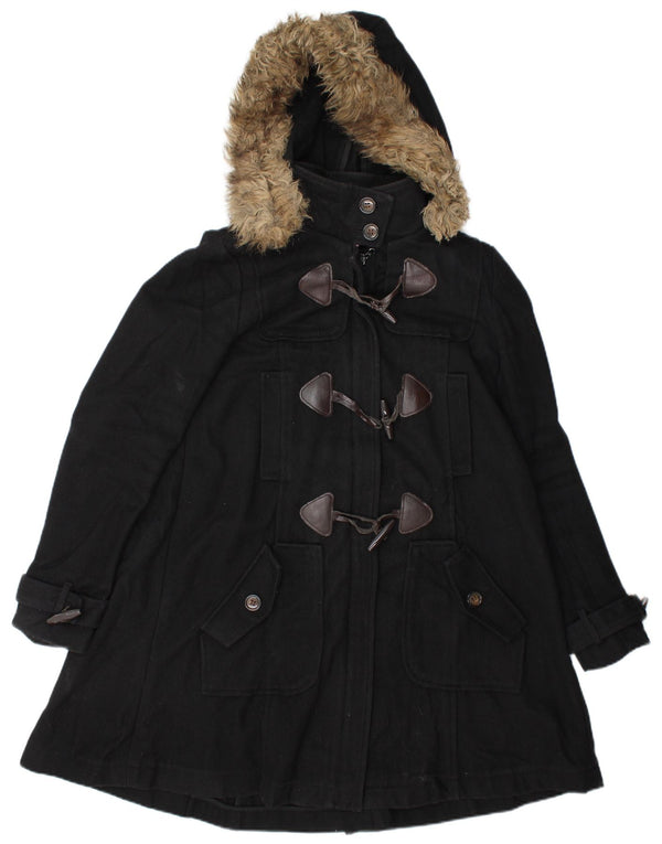 Vintage Womens Hooded Duffle Coat UK 10 Small Black Wool