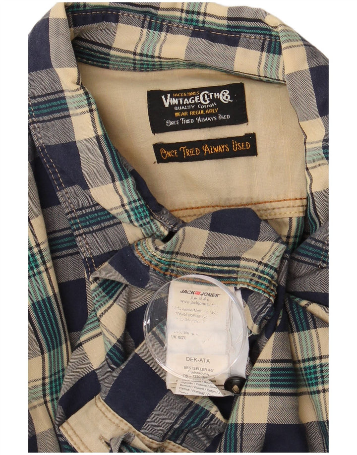 JACK & JONES Mens Flannel Shirt Medium Navy Blue Check Cotton