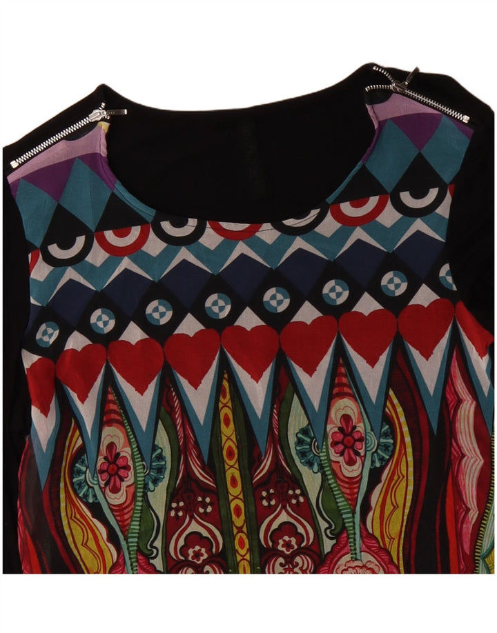 DESIGUAL Womens Graphic Top Long Sleeve UK 12 Medium Black Floral