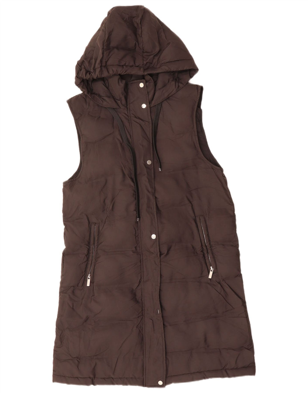 ZARA Womens Oversized Hooded Longline Padded Gilet UK 6 XS Brown Polyester