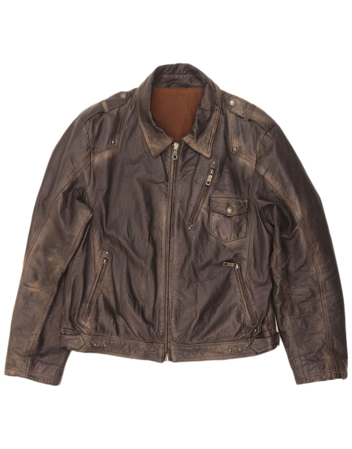 Vintage Mens Military Leather Jacket IT 56 3XL Brown