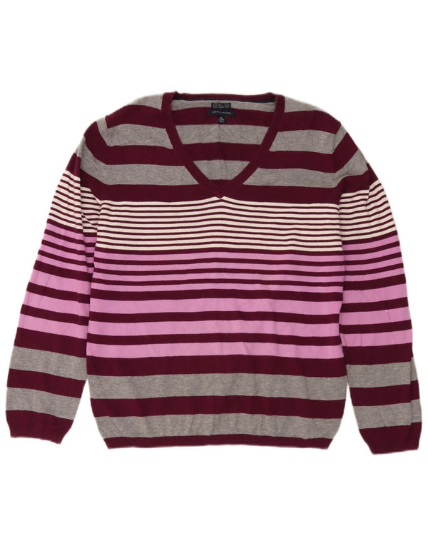 Tommy Hilfiger Womens V-Neck Jumper Sweater UK 18 XL Grey Striped Cotton