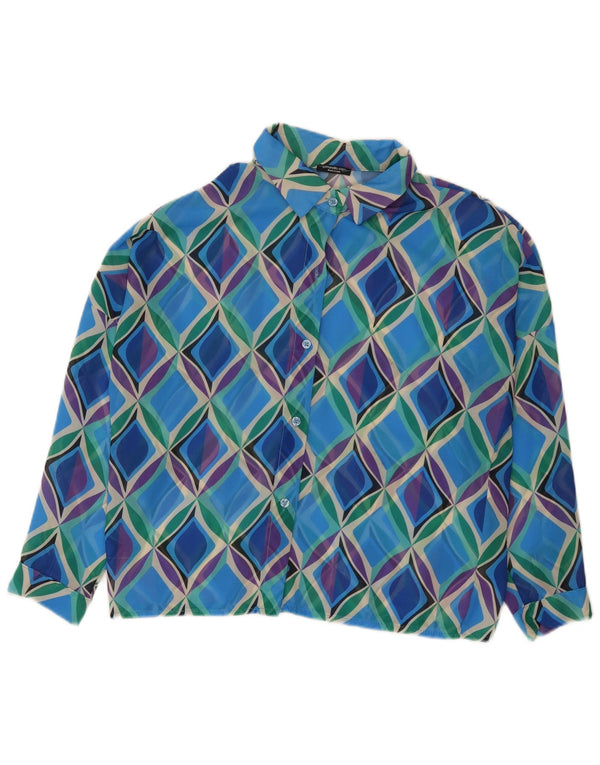 Vintage Womens 3/4 Sleeve Shirt Blouse UK 16 Large Blue Geometric Polyester