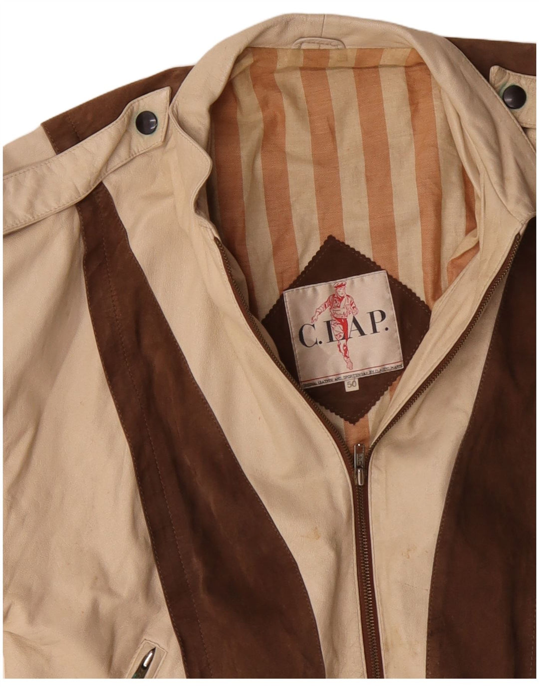 VINTAGE Mens Military Leather Jacket IT 50 Large Beige Colourblock