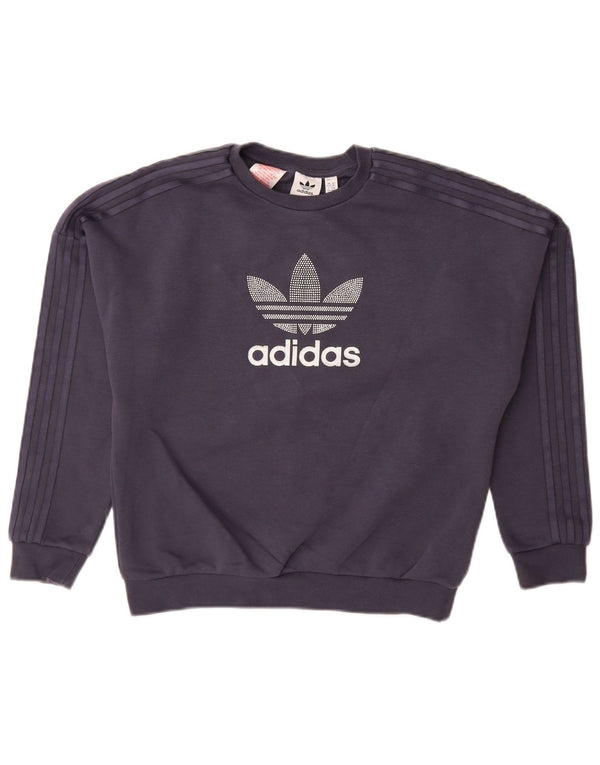 ADIDAS Girls Graphic Sweatshirt Jumper 11-12 Years Navy Blue Cotton