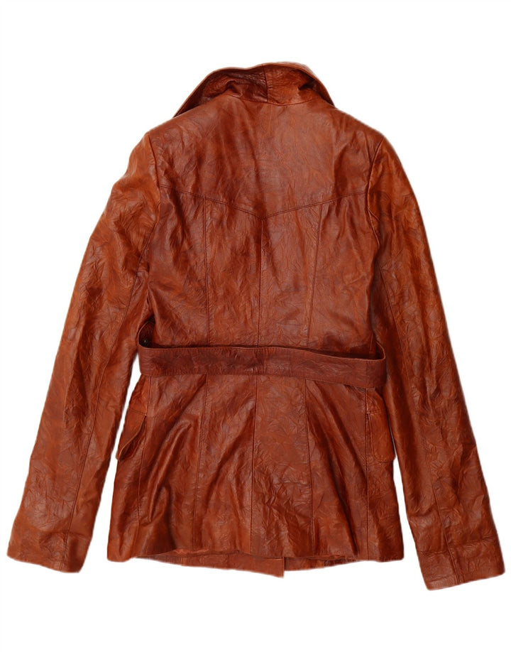 Vintage Womens Double Breasted Leather Jacket UK 10 Small Brown Leather
