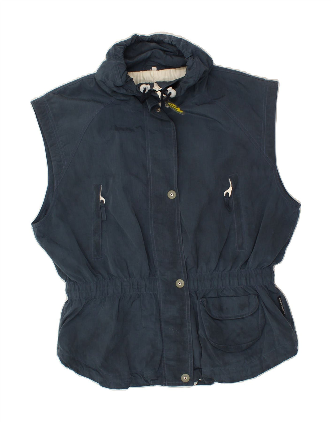 VINTAGE Womens Graphic Gilet EU 40 Medium Navy Blue Nylon Vintage Vintage and Second-Hand Vintage from Messina Hembry 