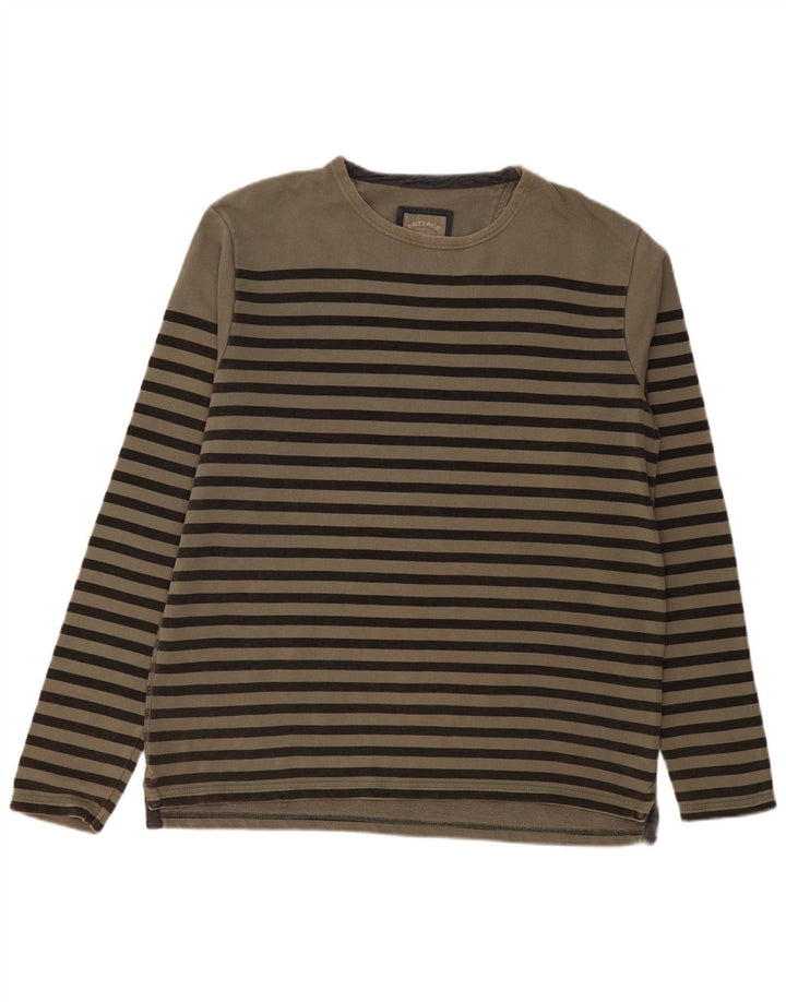 FAT FACE Mens Top Long Sleeve Large Khaki Striped Cotton