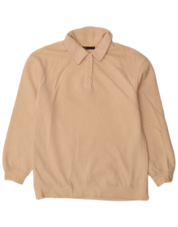 Zara Womens Polo Neck Sweatshirt Jumper UK 10 Small Beige Cotton
