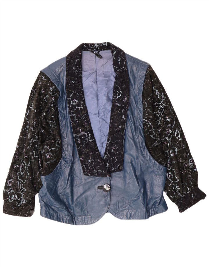 Vintage Womens Leather Jacket UK 14 Large Blue Floral Retro