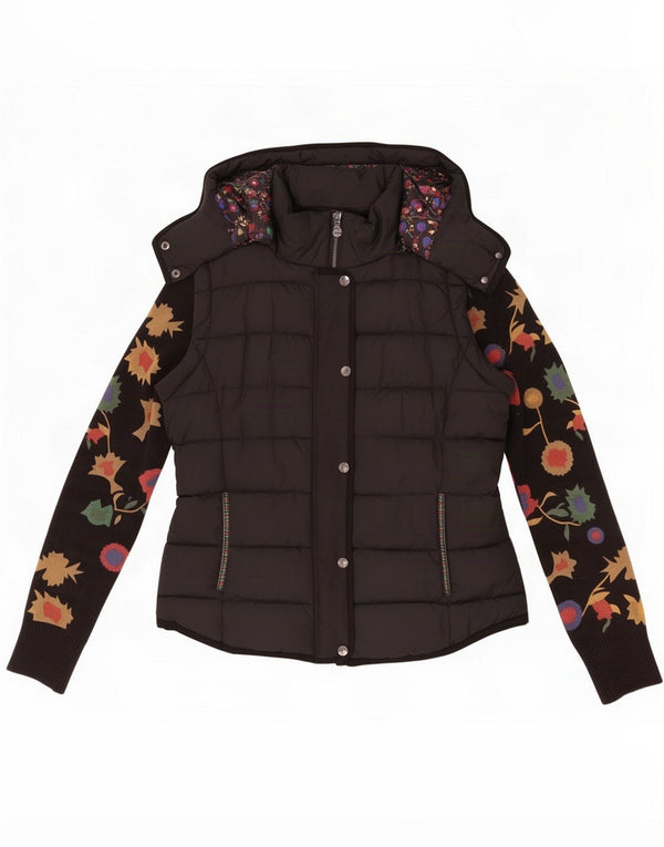 Desigual Womens Hooded Padded Jacket EU 42 Large Black Floral Cotton