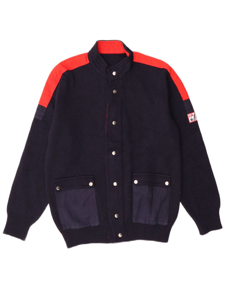 Vintage Mens Cardigan Sweater IT 50 Medium Navy Blue Colourblock Wool