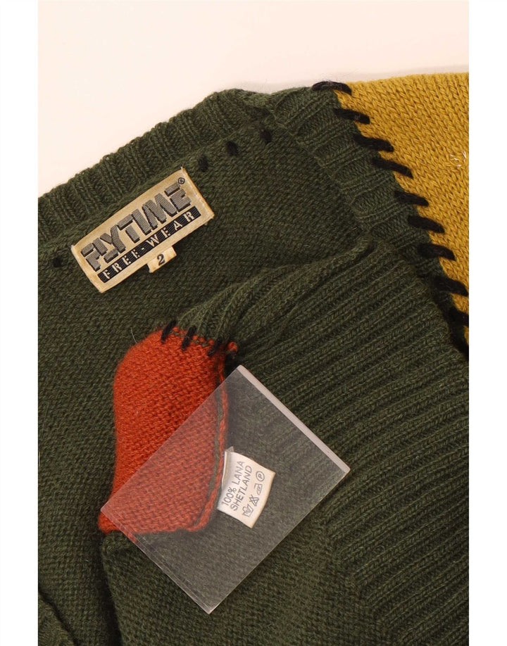 Vintage Womens Graphic Cardigan Sweater UK 16 Large Green Patchwork Wool