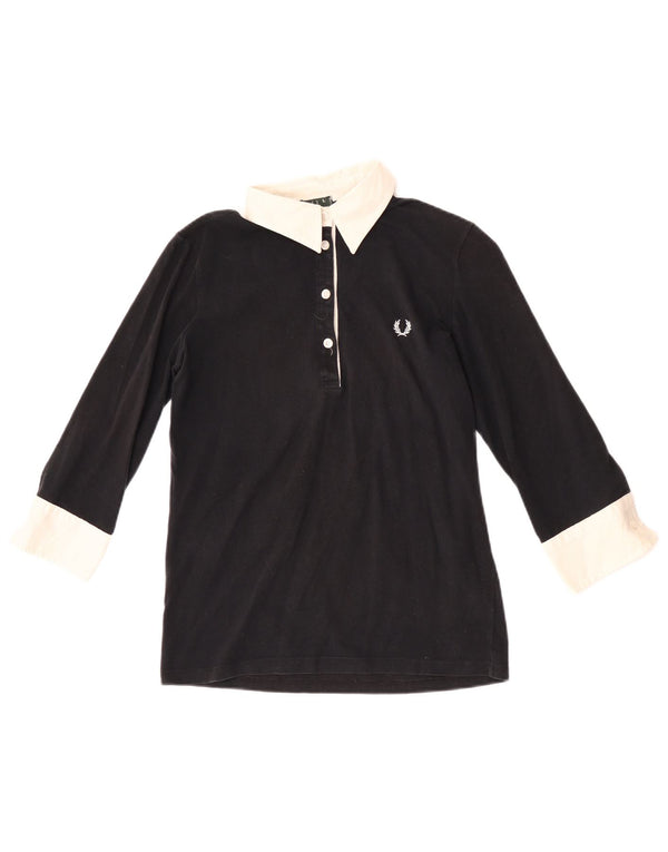 Fred Perry Womens 3/4 Sleeve Rugby Polo Shirt UK 14 Large Black Colourblock