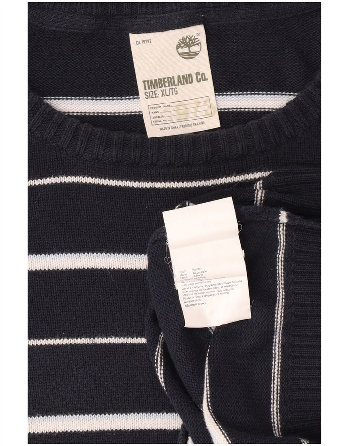 TIMBERLAND Mens Crew Neck Jumper Sweater XL Navy Blue Striped Cotton