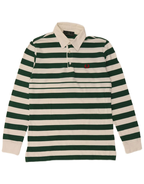 Fred Perry Mens Long Sleeve Rugby Polo Shirt Small Green Striped Cotton