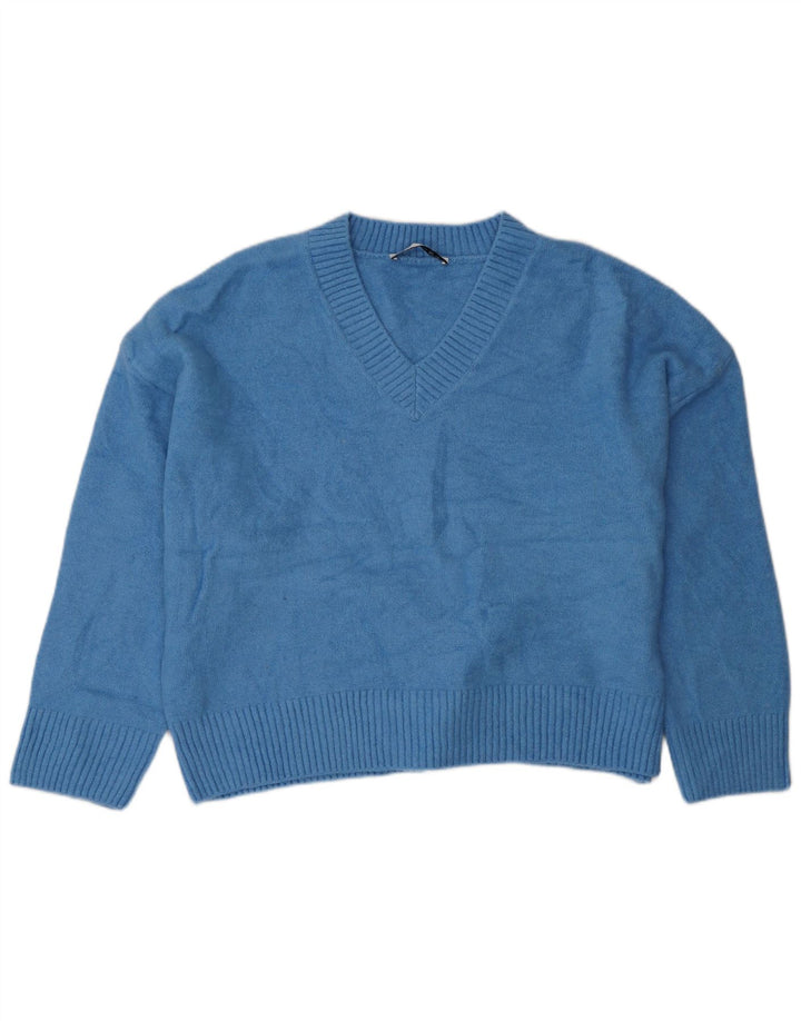 ZARA Womens Oversized V-Neck Jumper Sweater UK 18 XL Blue Acrylic