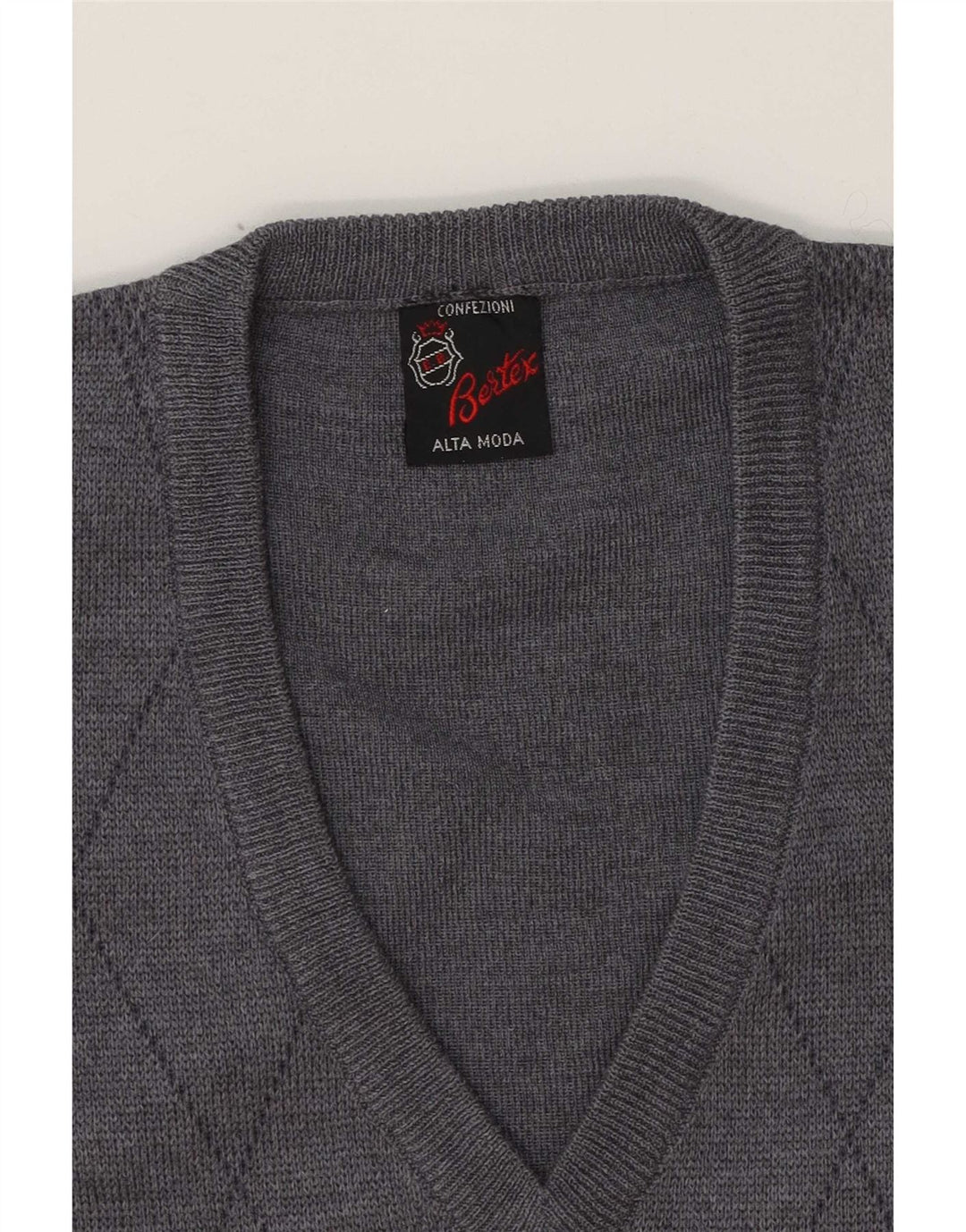Vintage Mens V-Neck Jumper Sweater Medium Grey Argyle/Diamond Wool