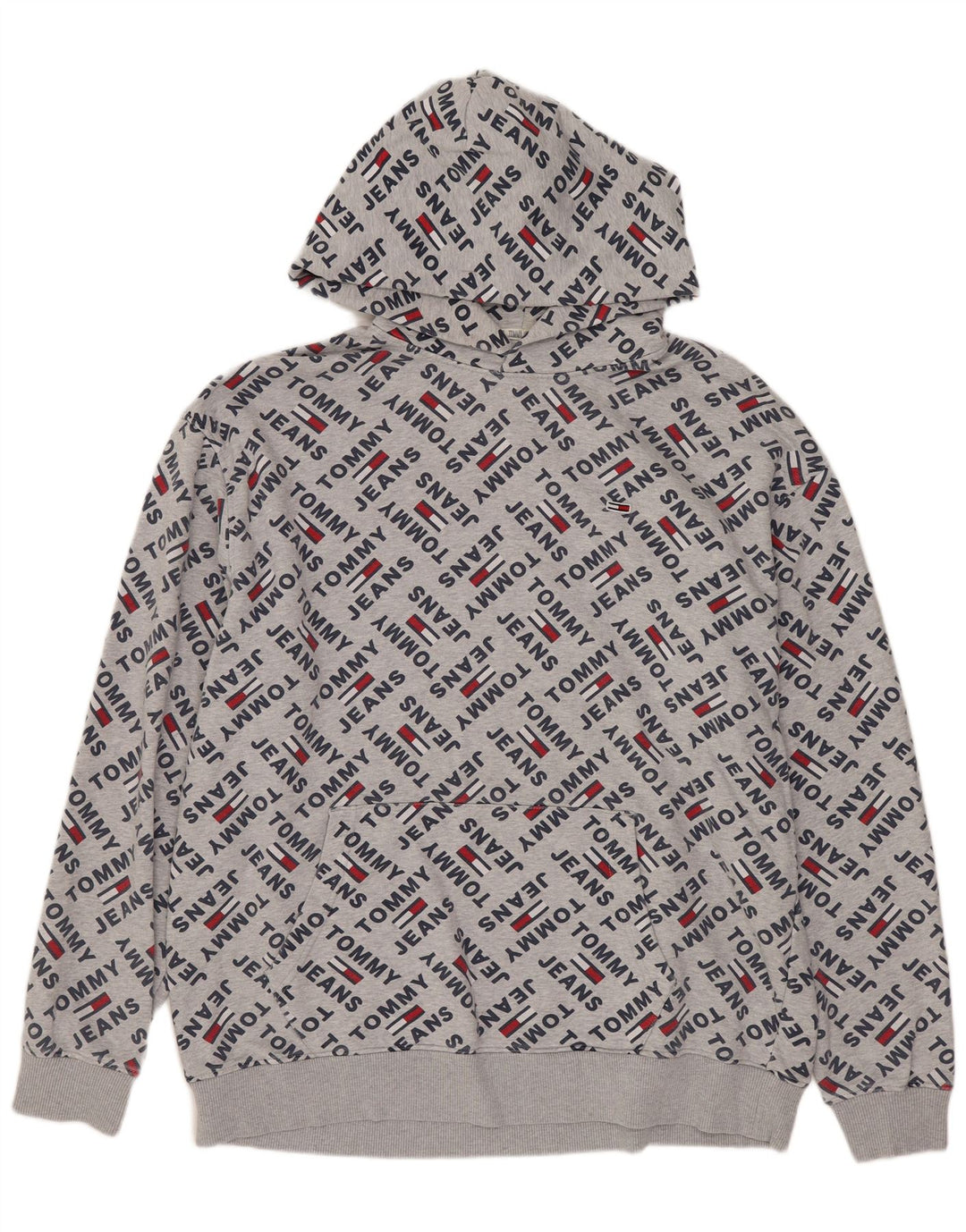 TOMMY HILFIGER Mens Graphic Hoodie Jumper Large Grey Cotton