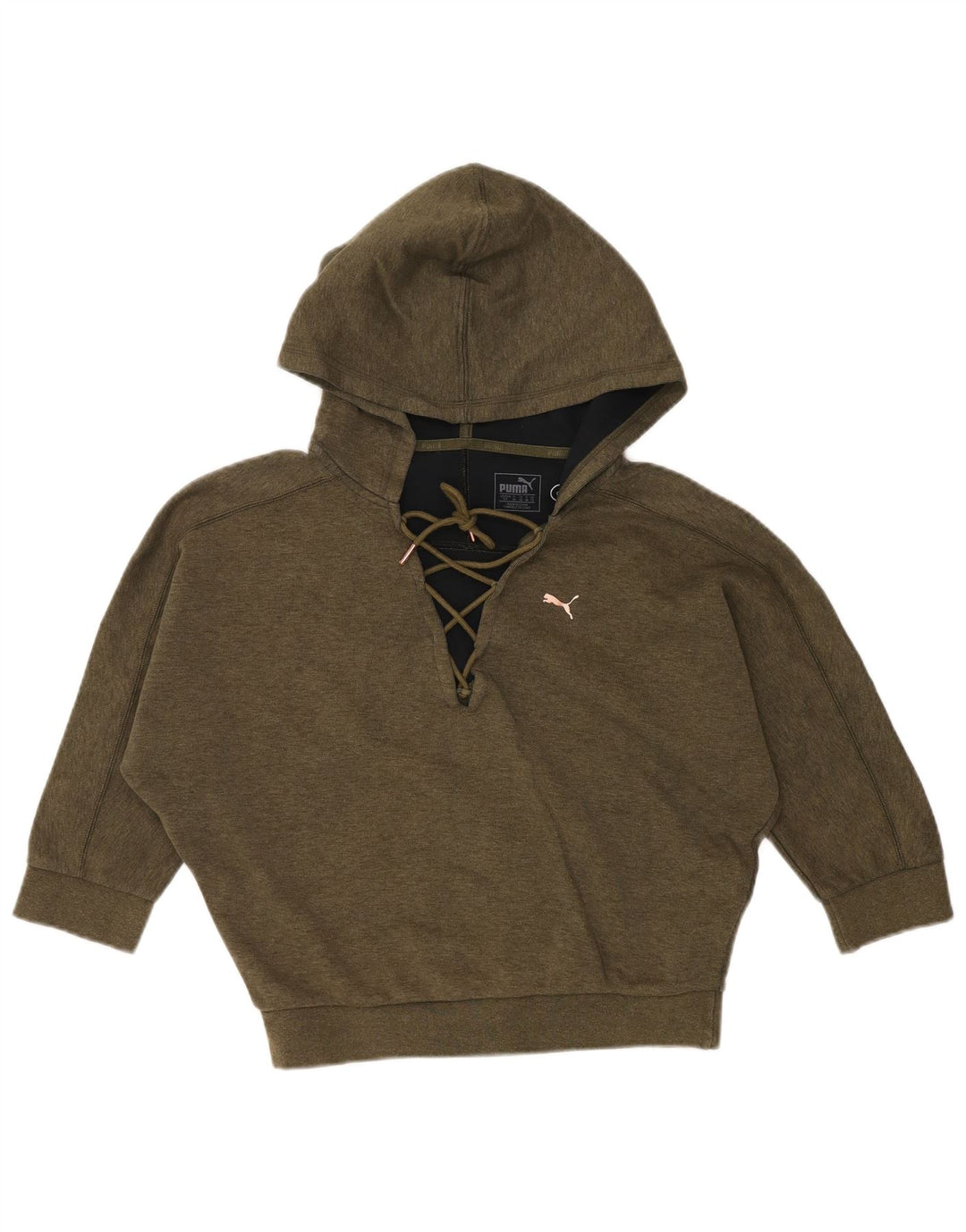 PUMA Womens 3/4 Sleeve Batwing Hoodie Jumper UK 10 Small Khaki Cotton