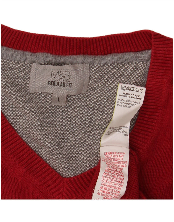 MARKS & SPENCER Mens Regular Fit V-Neck Jumper Sweater Large Red Cotton