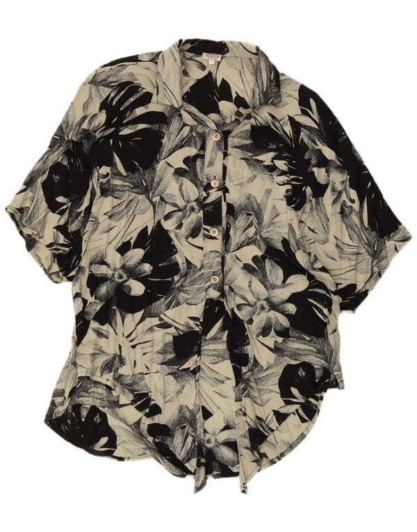 Vintage Womens Short Sleeve Shirt Blouse UK 14 Medium Black Floral Viscose