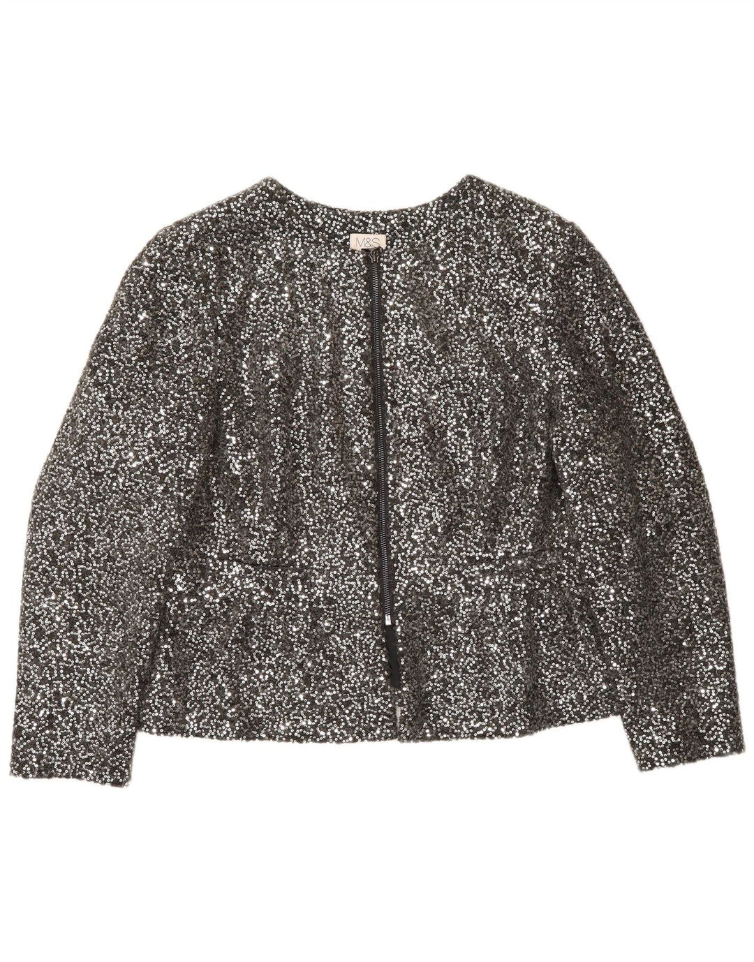 Marks & Spencer Womens Full Zip Sequin Blazer Jacket UK 14 Medium Silver