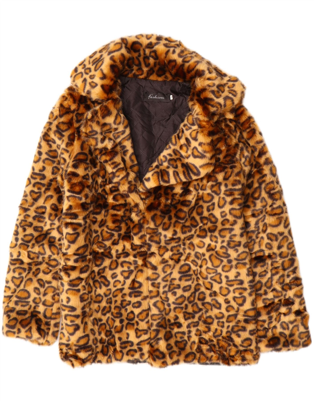 VINTAGE Womens Faux Fur Jacket UK 10 Small Brown Animal Print Polyester