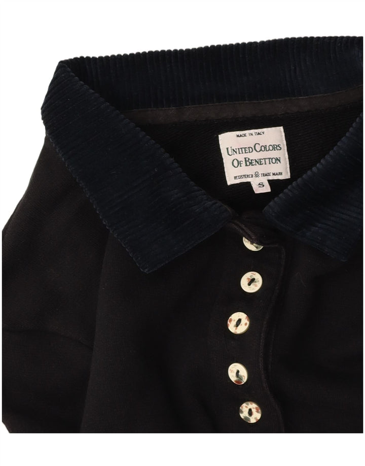 BENETTON Womens Oversized Graphic Crop Polo Shirt UK 10 Small Black