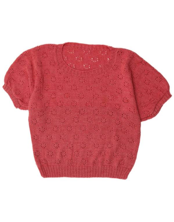 VINTAGE Womens Short Sleeve Crew Neck Jumper Sweater UK 16 Large Maroon