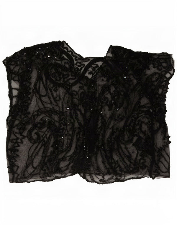 Vintage Womens Crop Sleeveless See Through Top UK 8 Small Black Paisley