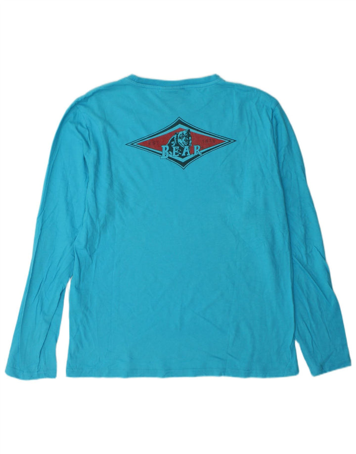 Bear Mens Graphic Top Long Sleeve Large Blue Cotton