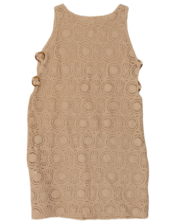VINTAGE Womens Crochet Sleeveless Shift Dress UK 10 Small Beige Cotton